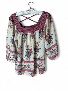 Jolt Boho Floral Square Neck Blouse - Criss Cross Back - EUC - Medium